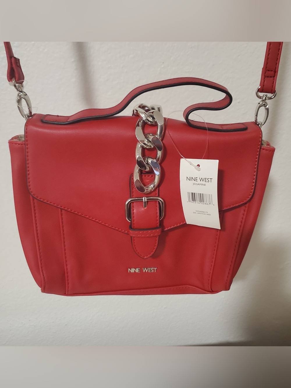New Nine West Jessamine Lipstick Red Crossbody Bag with Chain Accent